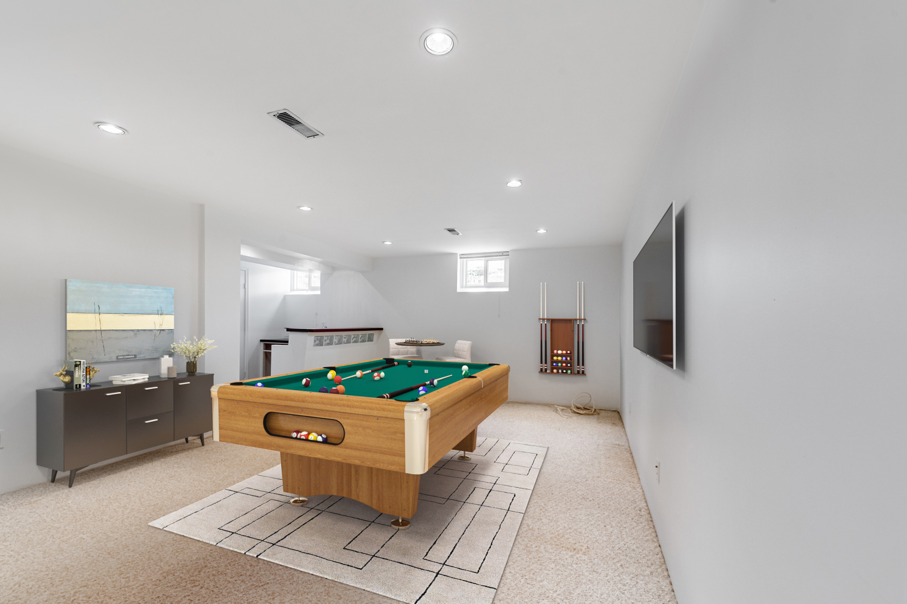 Basement family room and rec room with 3D rendered billiards table.