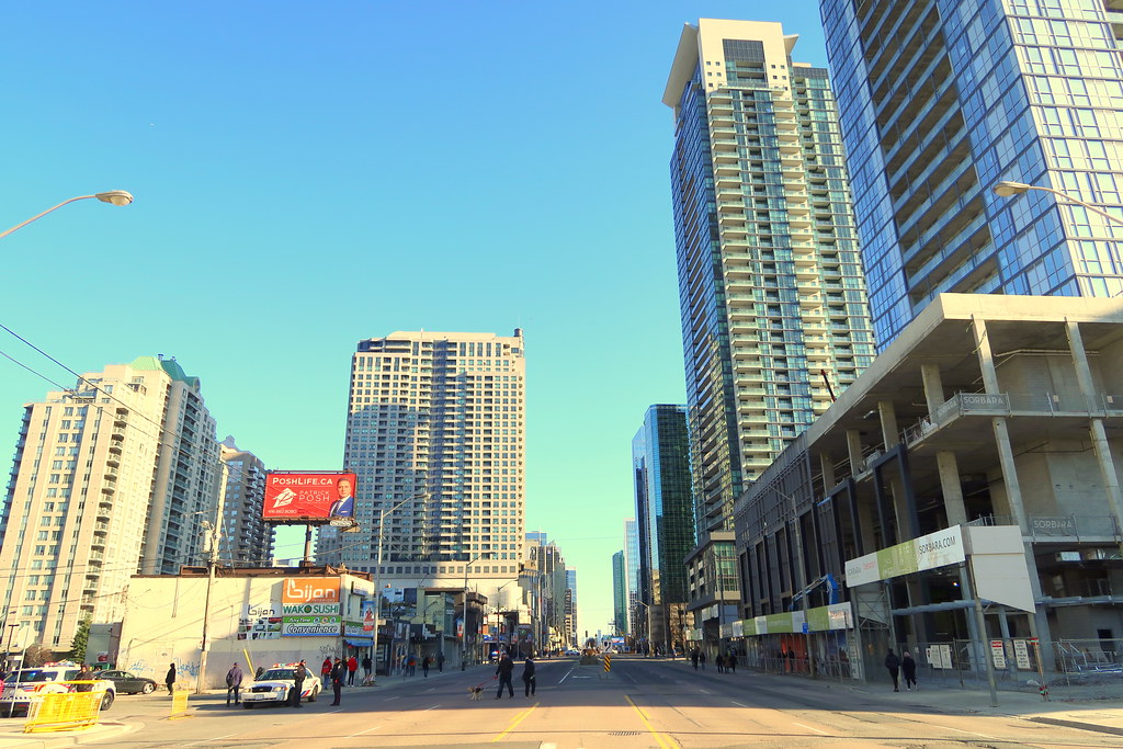 Street level view of North York streets and condos. 