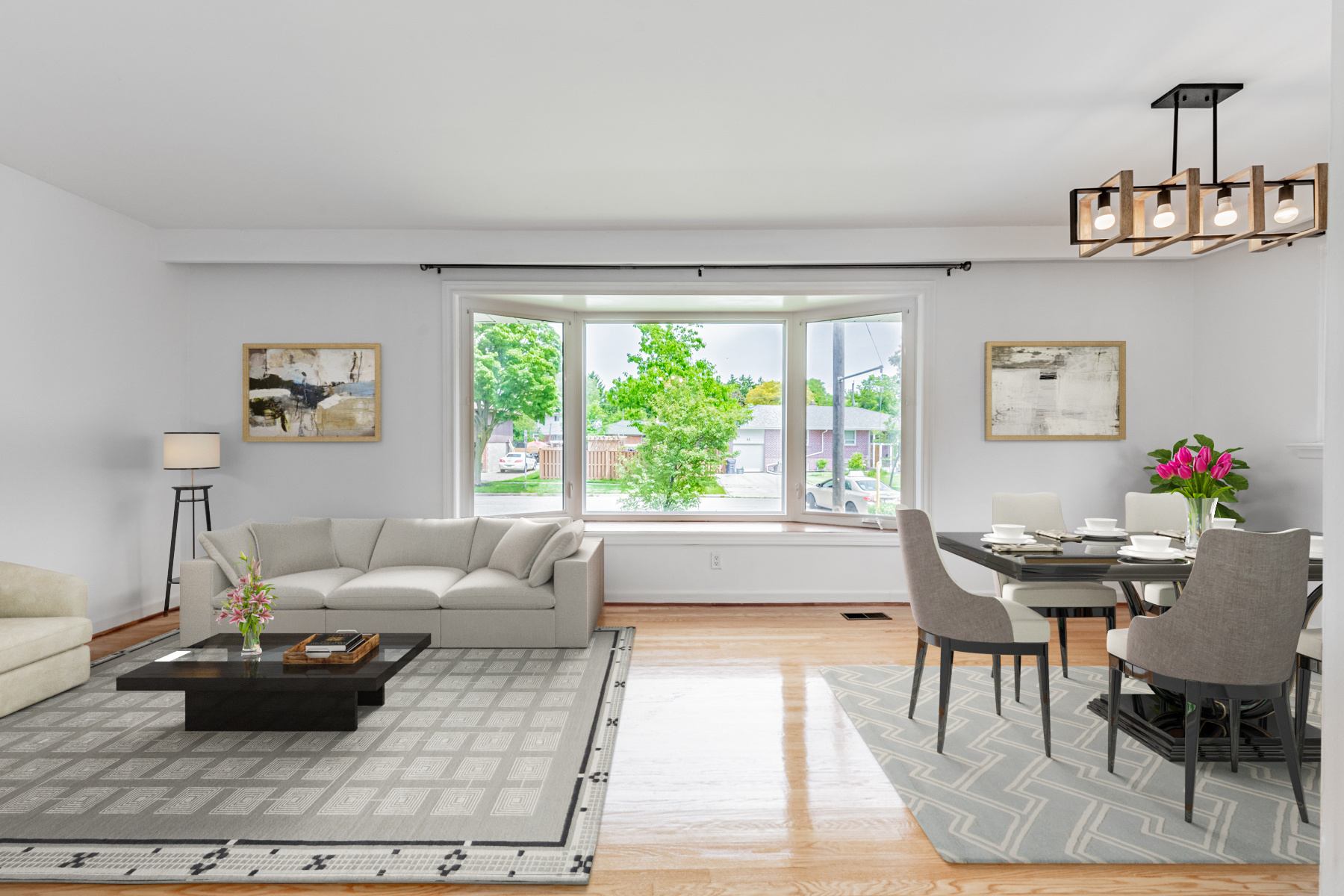 36 Earlton Rd living and dining rooms with large windows and 3D rendered furniture.