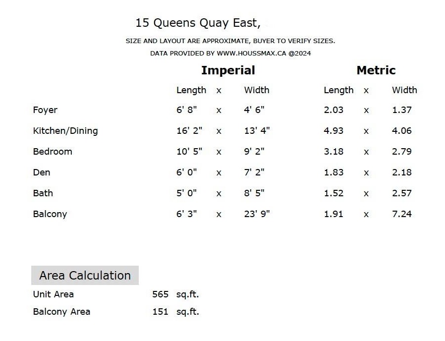 Room measurements for 15 Queens Quay E Suite 1405