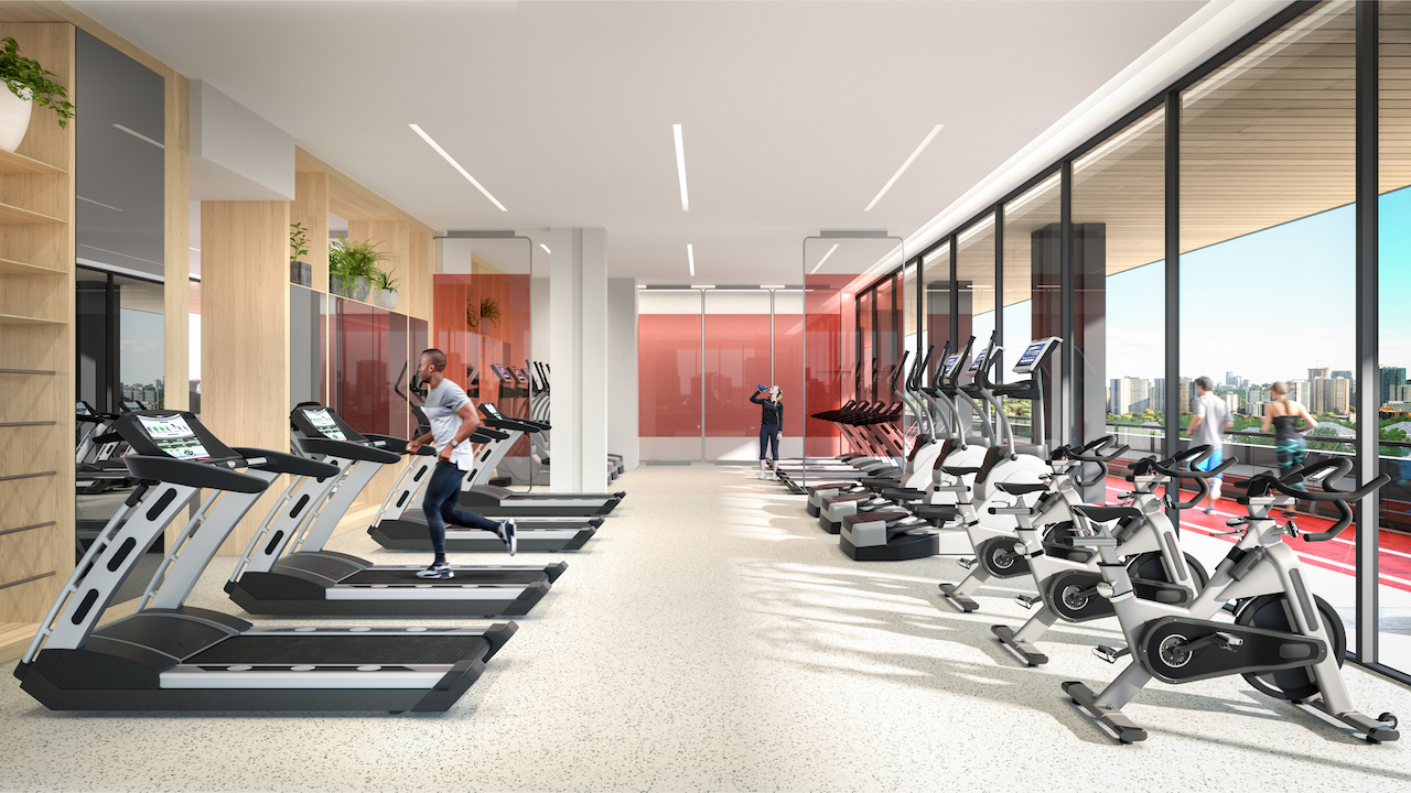 3D render of Zen condos' indoor gym and outdoor running track.