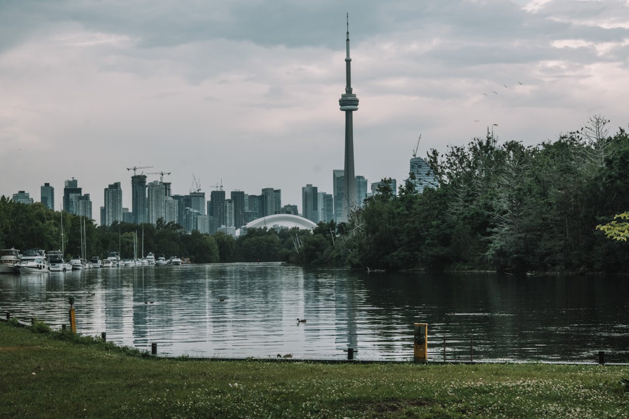 Toronto skyline seen from park with pond. 