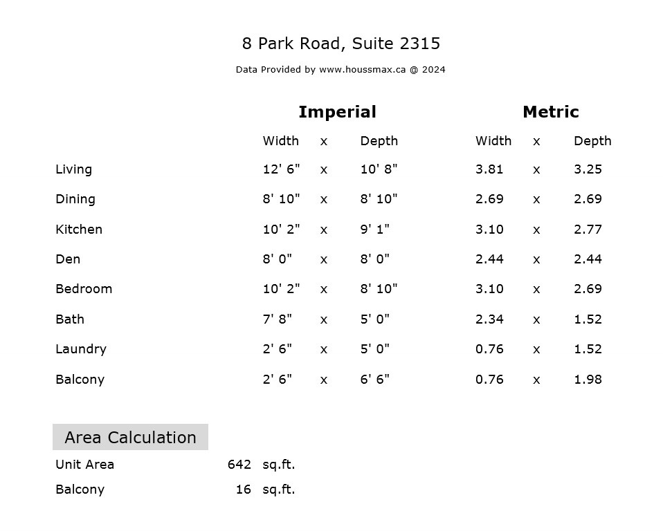 Room measurements for 8 Park Rd Unit 2315.