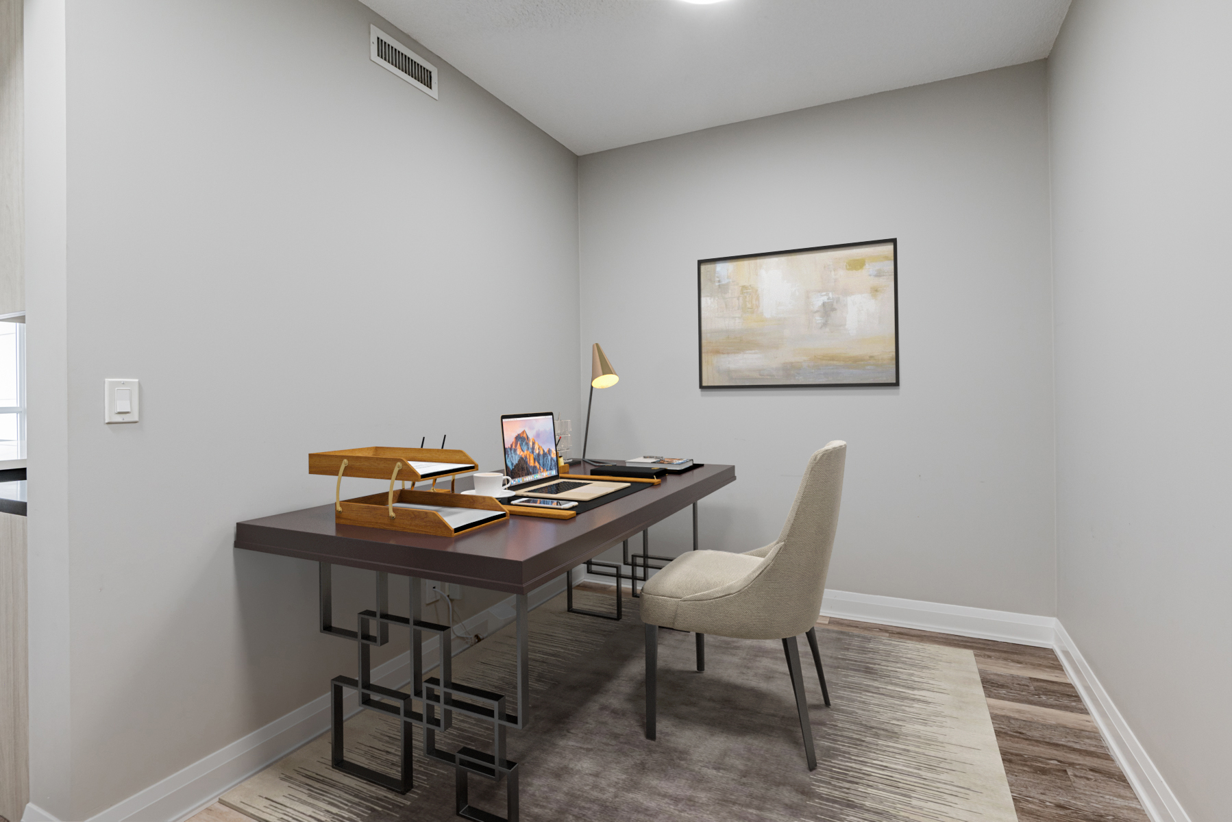 15 Water Walk Dr Unit 711 den being used as home office with 3D-rendered furniture.