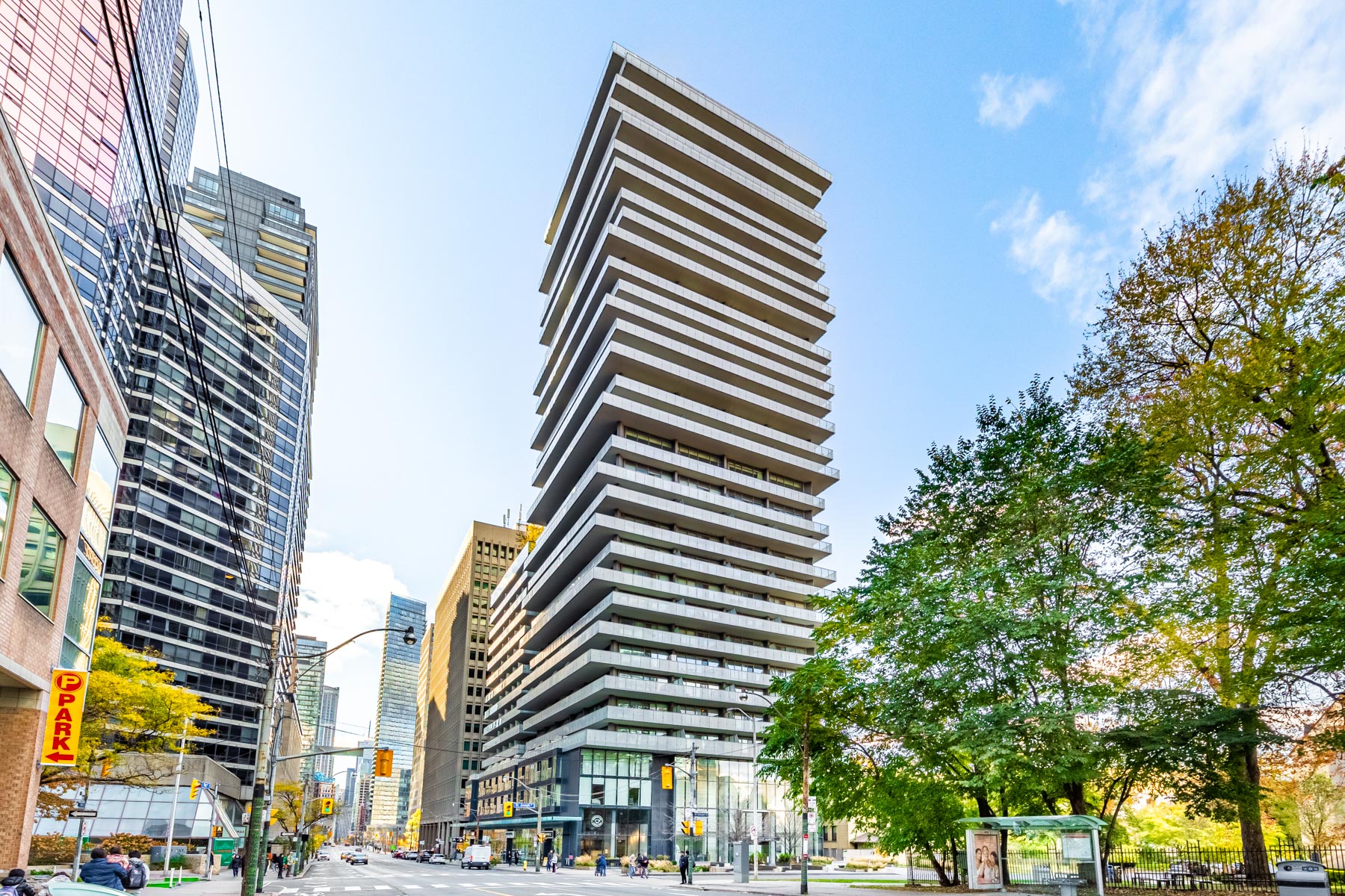 1 Thousand Bay condo in downtown Toronto with stacked, asymmetrical balconies.