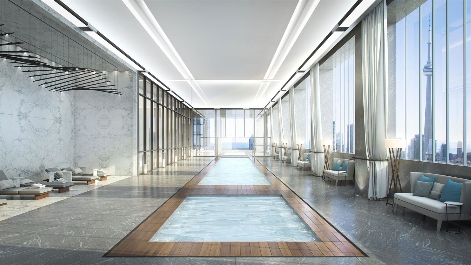 488 University Ave indoor swimming pool amenity with views of CN Tower.