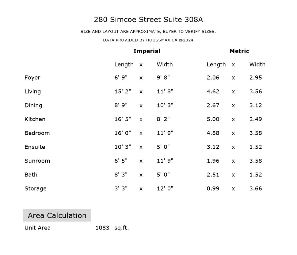 Room measurements for 280 Simcoe St 308A. 