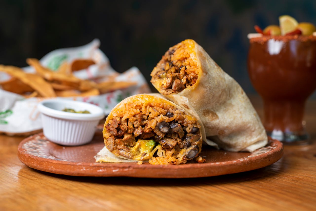 Image of burritos on a plate. 