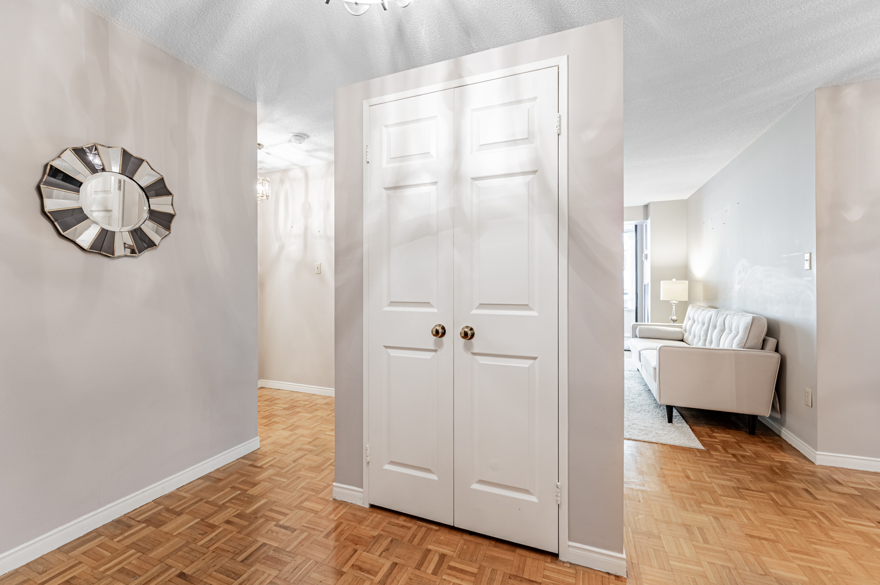 Condo foyer with large double-door closet.