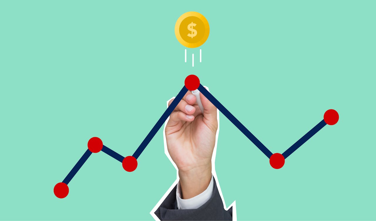 Line graph with dollar coin to show price fluctuations.