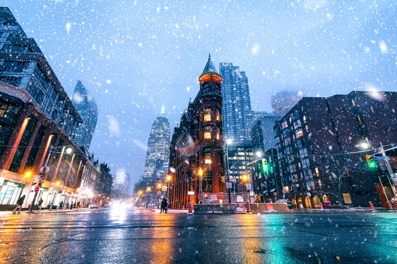 Image of Toronto flatiron building in winter to show upcoming 2025 new year.