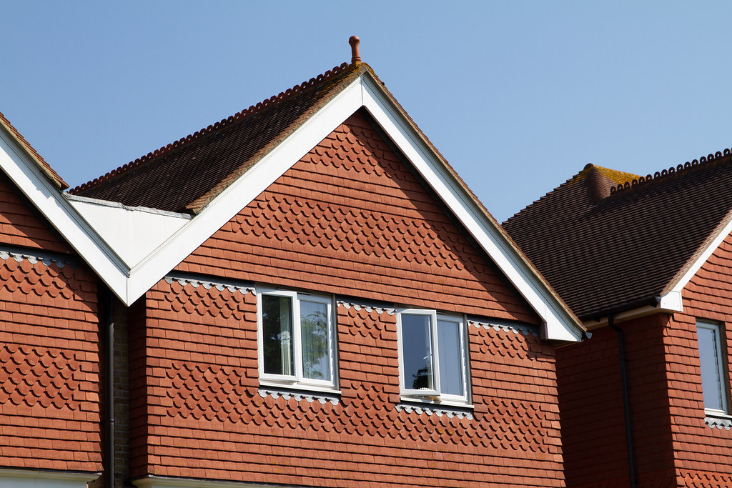 Close up of semi-detached house roofs. 