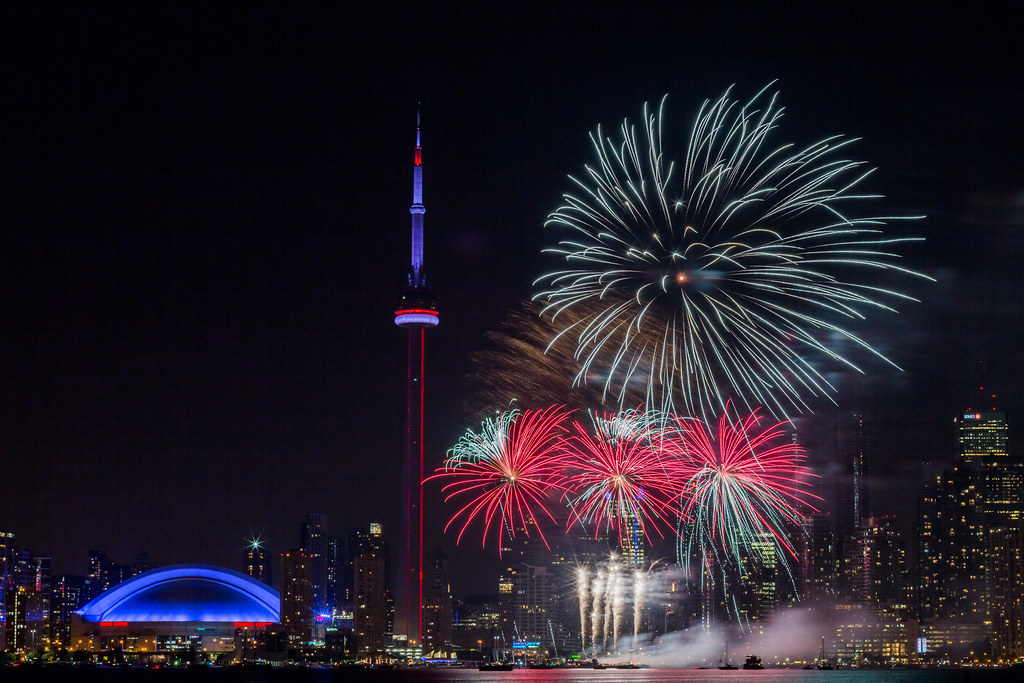 Toronto skyline with New Year's fireworks.