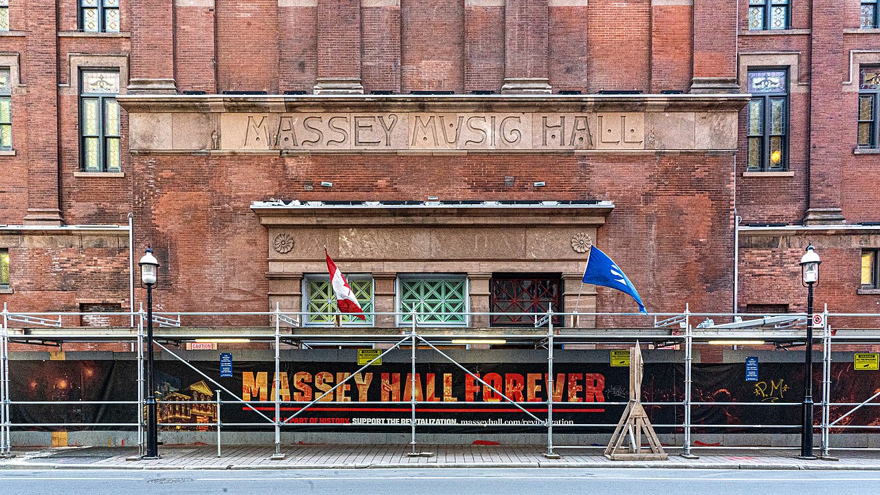 Exterior of Massey Hall under construction.