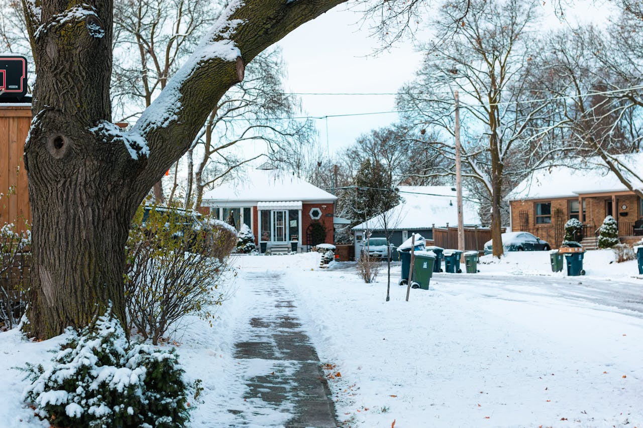 Photo of suburban Toronto street in winter with streets and houses covered in snow.