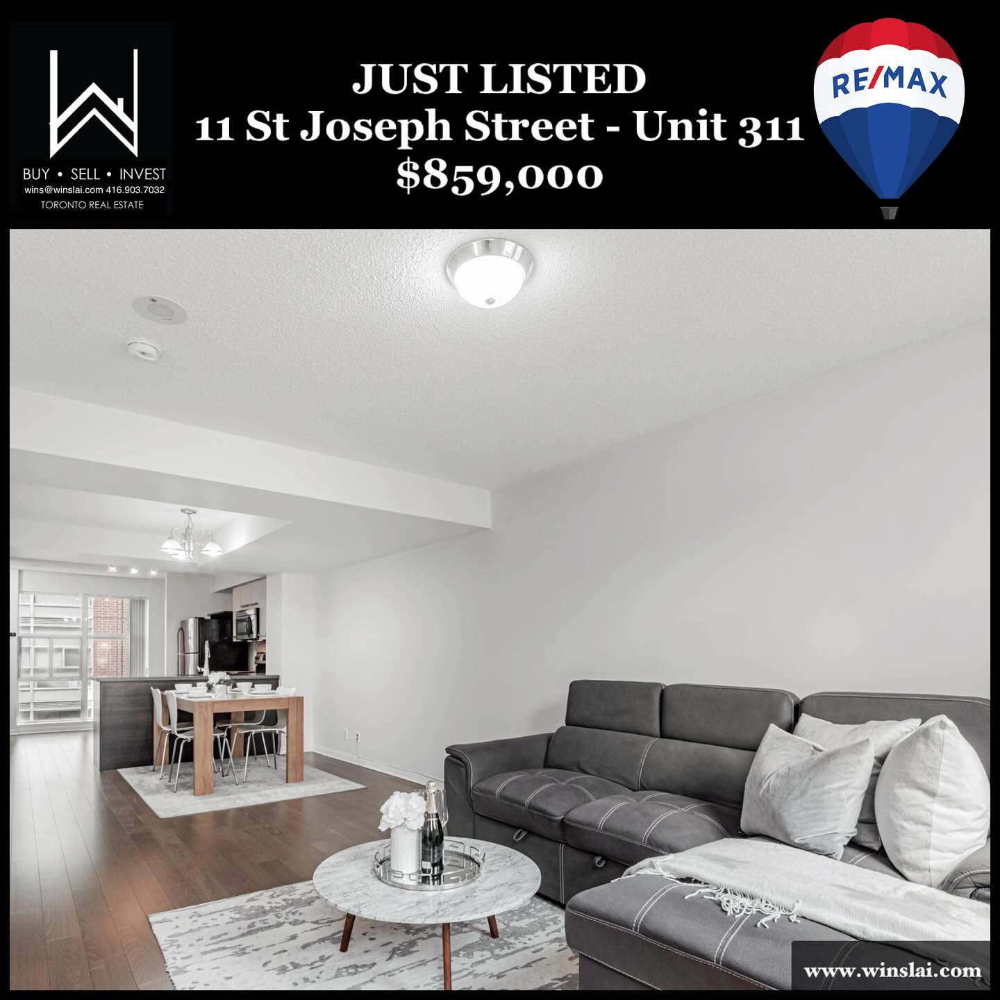 Just Listed flyer for 11 St Joseph St Unit 311 showing living room, dining room, kitchen and price.