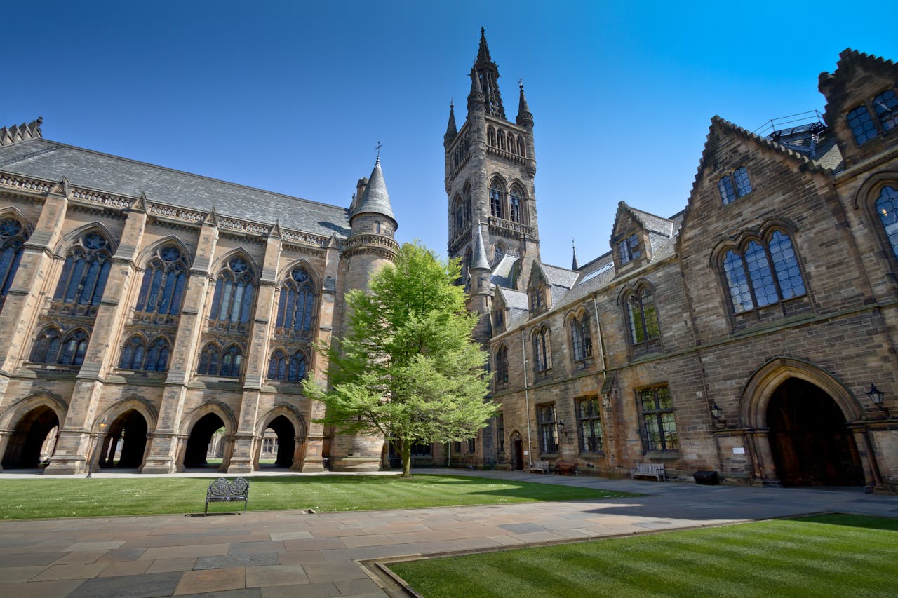 Looking up at University of Toronto and its Gothic architecture.