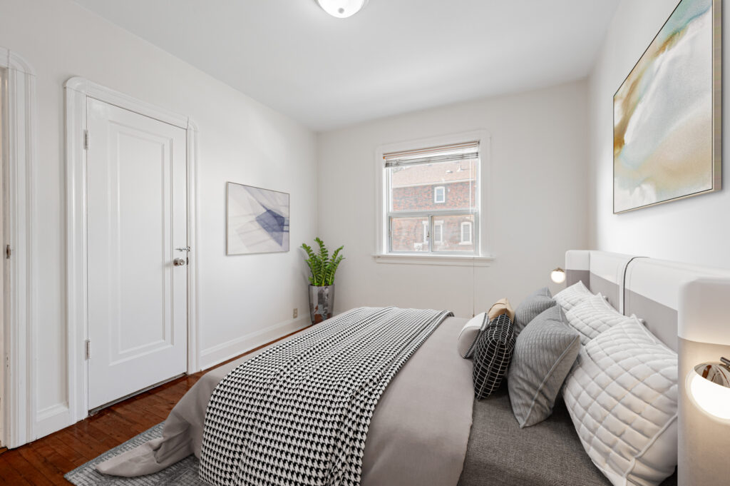 House bedroom with hardwood floors, window, LED light, closet and 3D rendered furniture.
