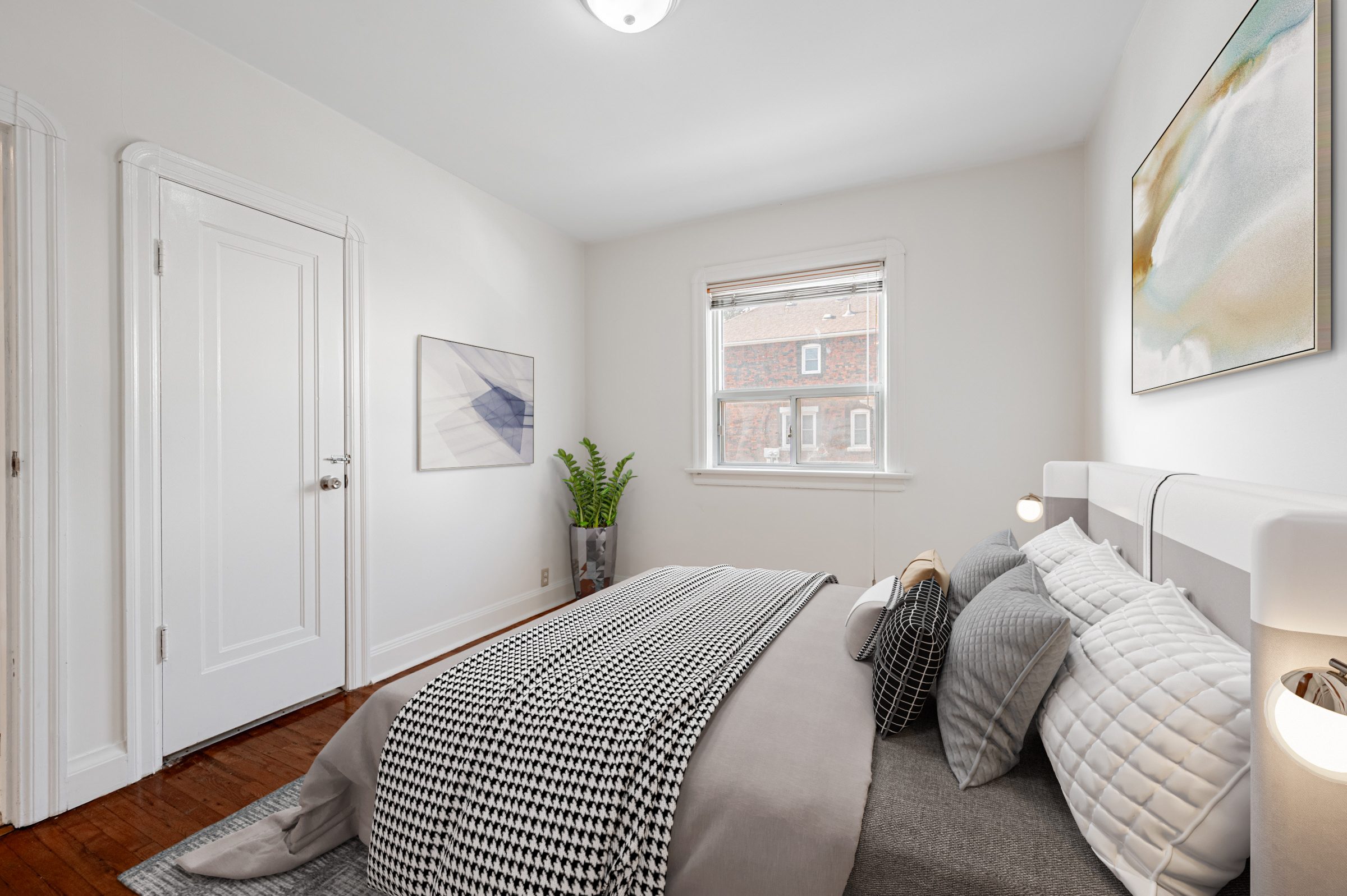 House bedroom with hardwood floors, window, LED light, closet and 3D rendered furniture.