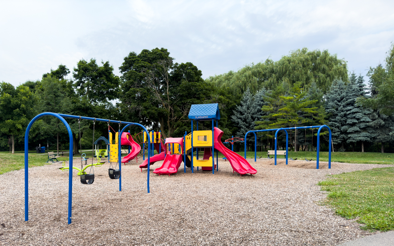 Colourful playground equipment at Viewmount Park, North York.