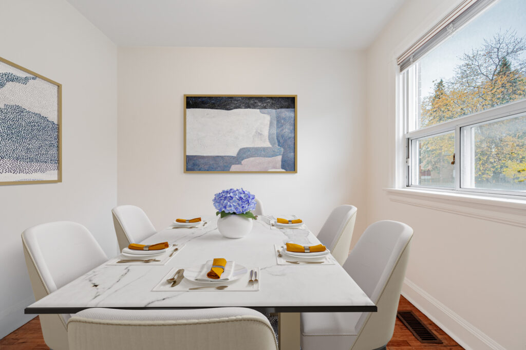 Dining room with 3D rendered dining table, chairs and artwork.