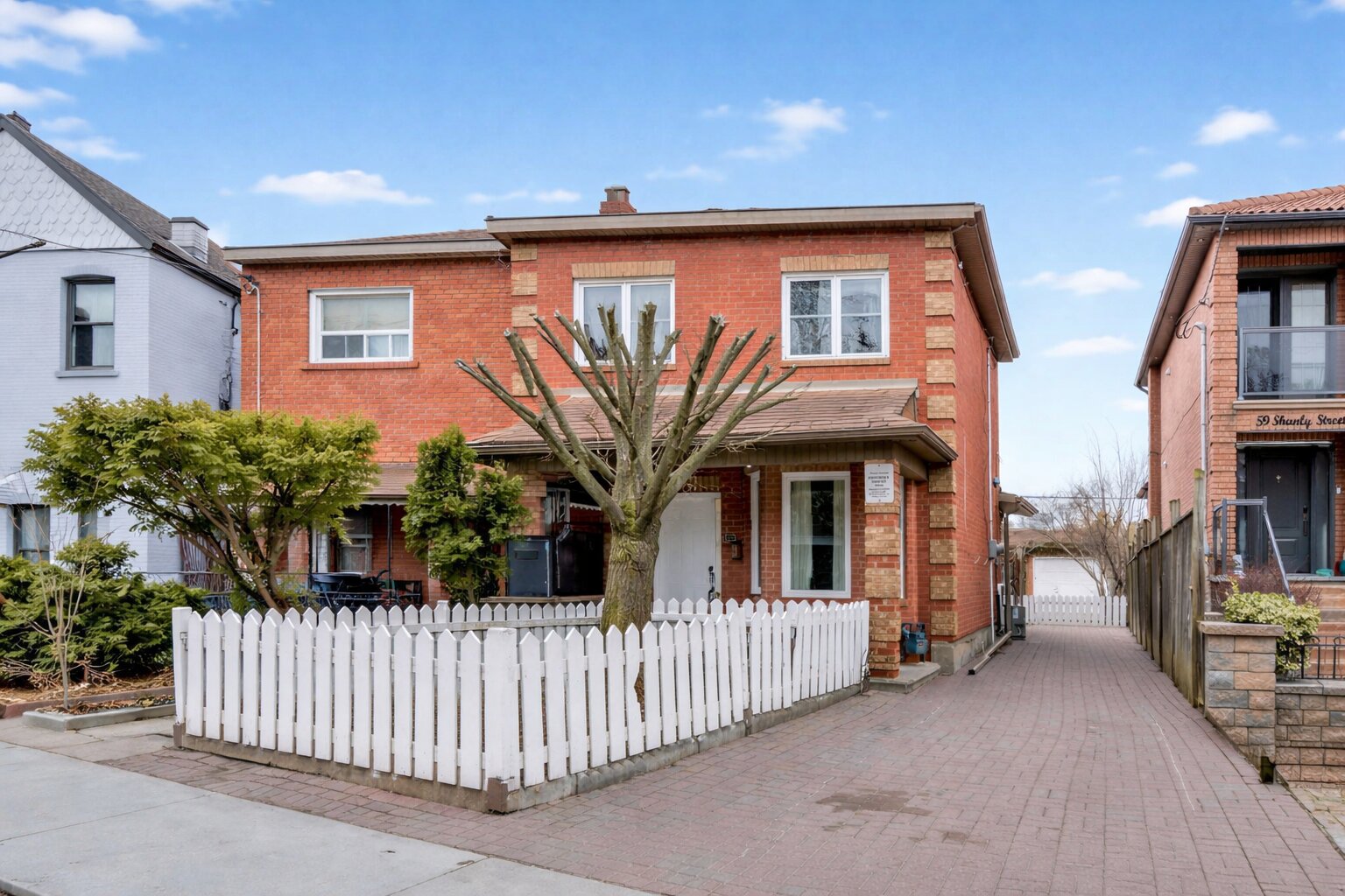 Side view of 57 Shanly St showing long driveway and white picket fence in front of house.