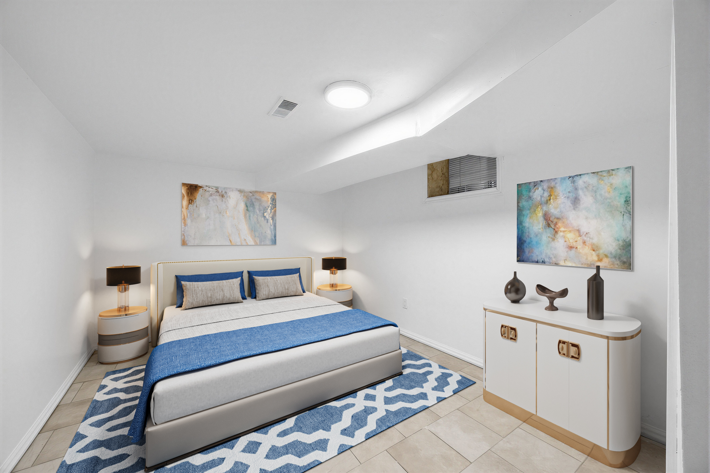 57 Shanly St basement bedroom with large bed, 2 nightstands, and cabinet.