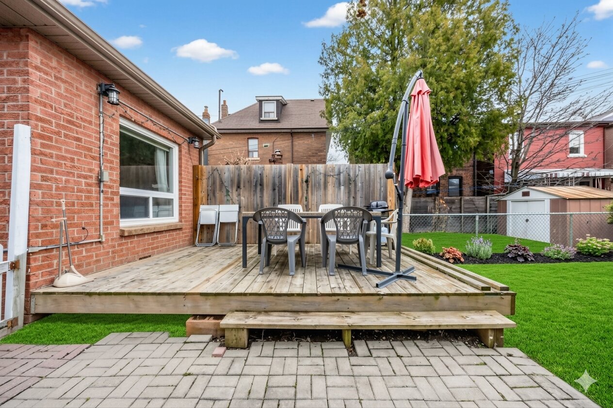 57 Shanly St raised backyard deck with patio furniture, including table, chairs and umbrella.