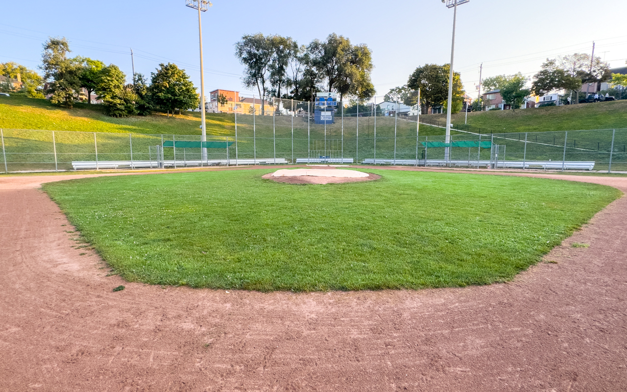 Empty baseball diamond at Christie Pits Park in Toronto.