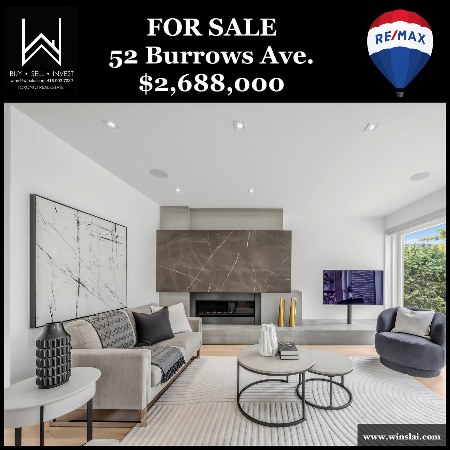 For sale flyer for 52 Burrows Ave showing price, RE/MAX logo and living room.