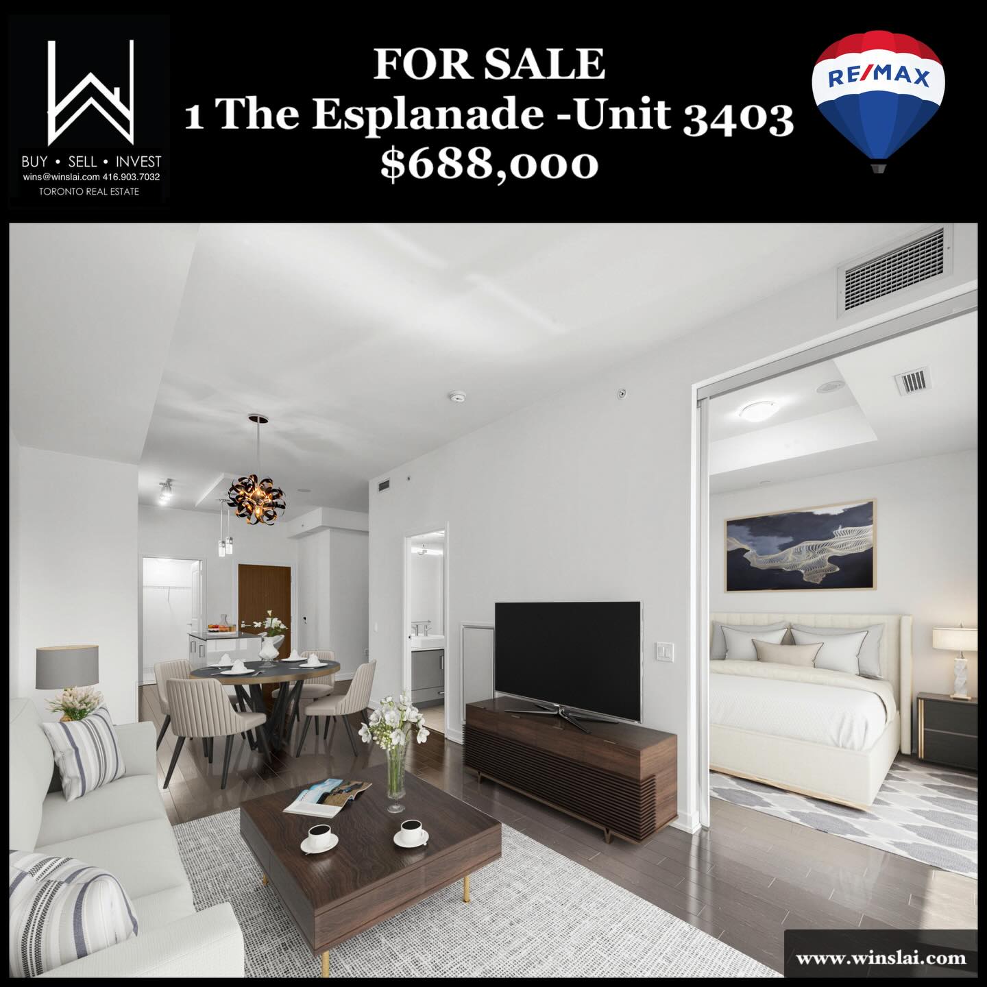 For Sale flyer showing living room of 1 The Esplanade Unit 3403.