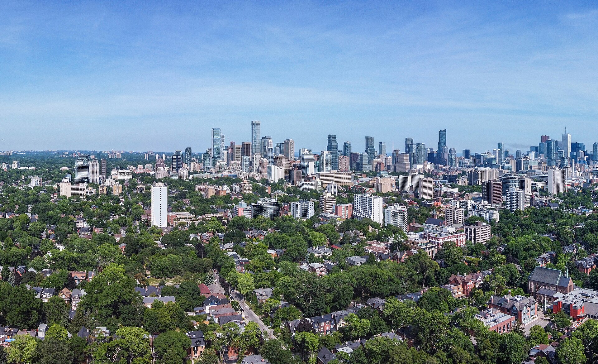 Aerial view of Toronto's Annex neighbourhood showing trees and buildings.
