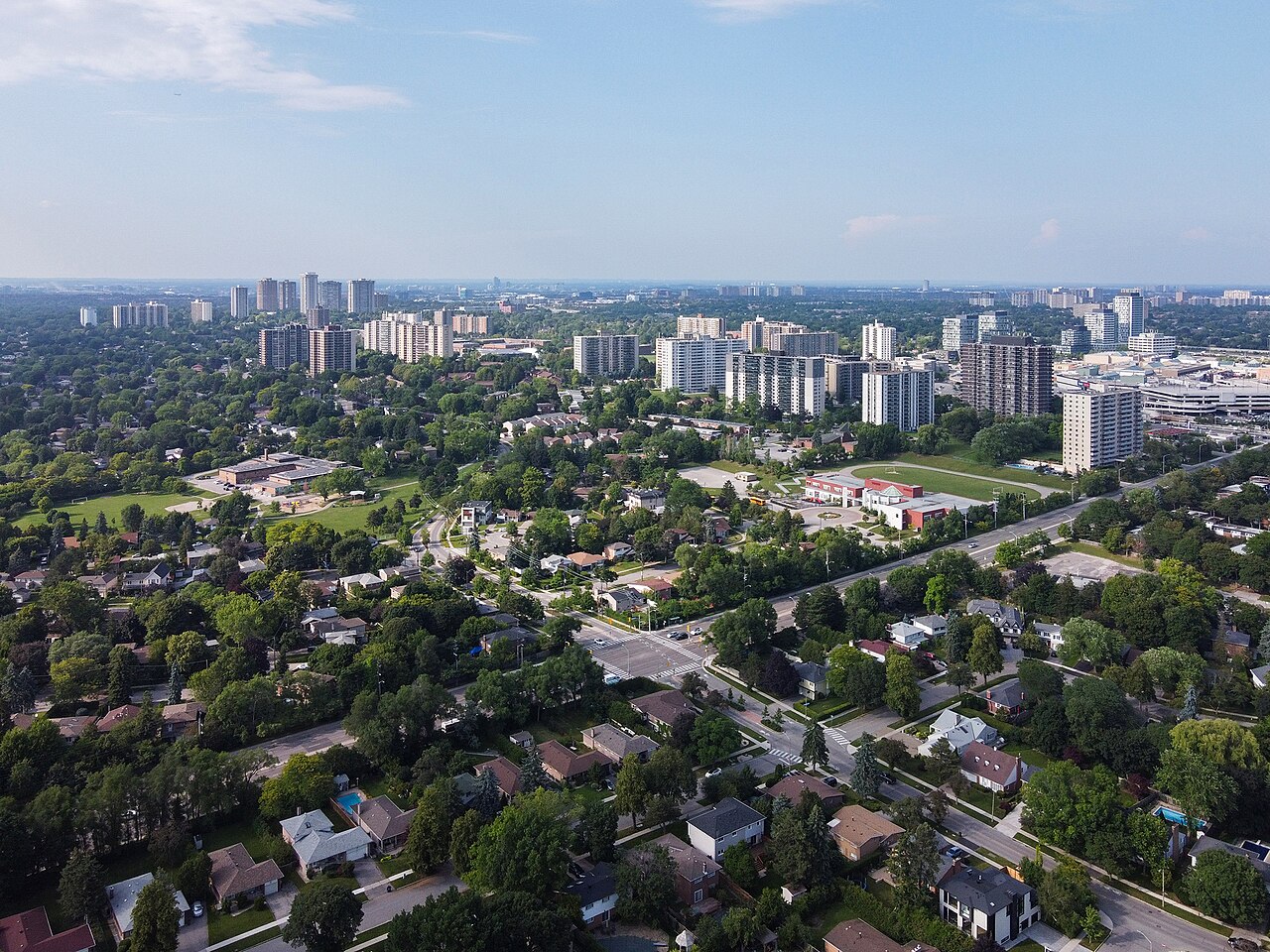 Aerial view of Toronto's Don Valley Village showing abundant greenery, houses and apartments.