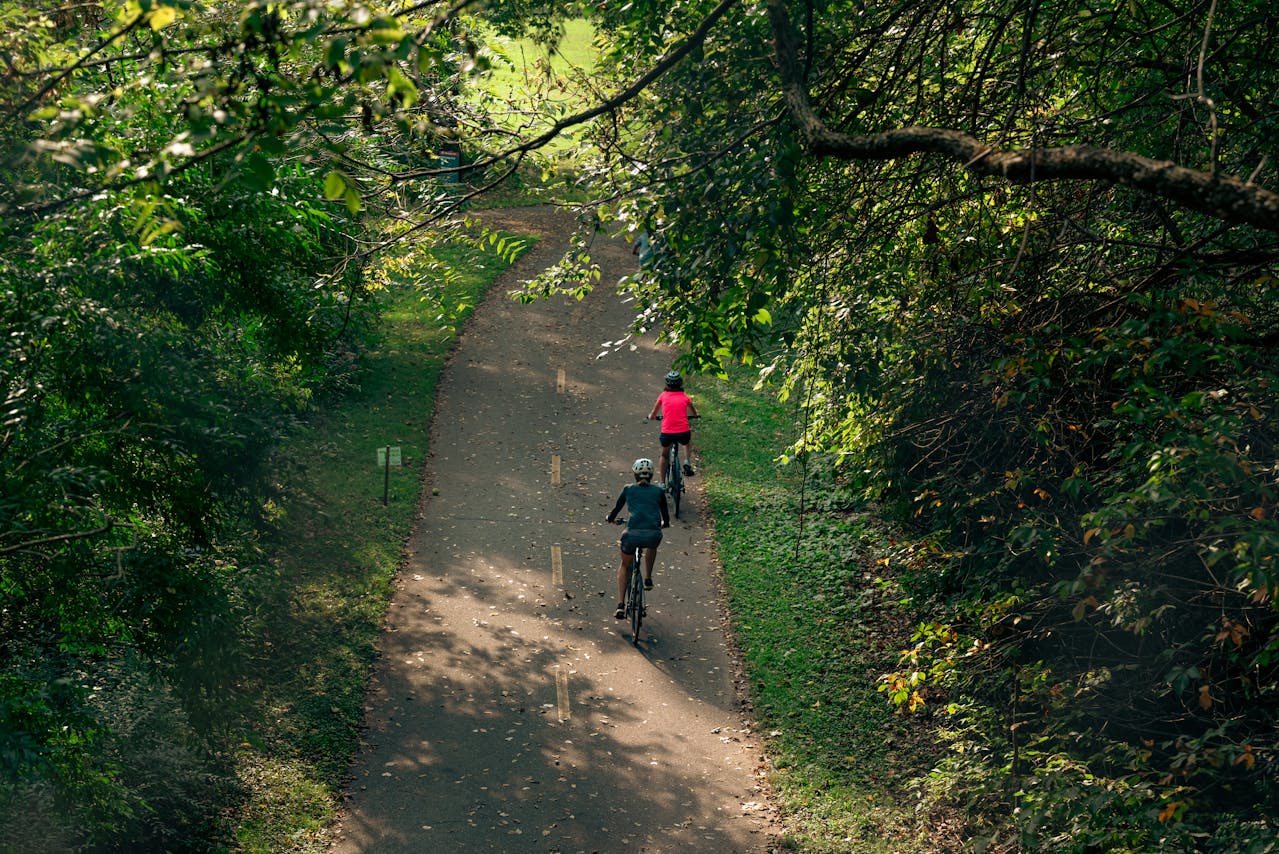 Aerial view of 2 cyclists biking on a path with trees on either side.