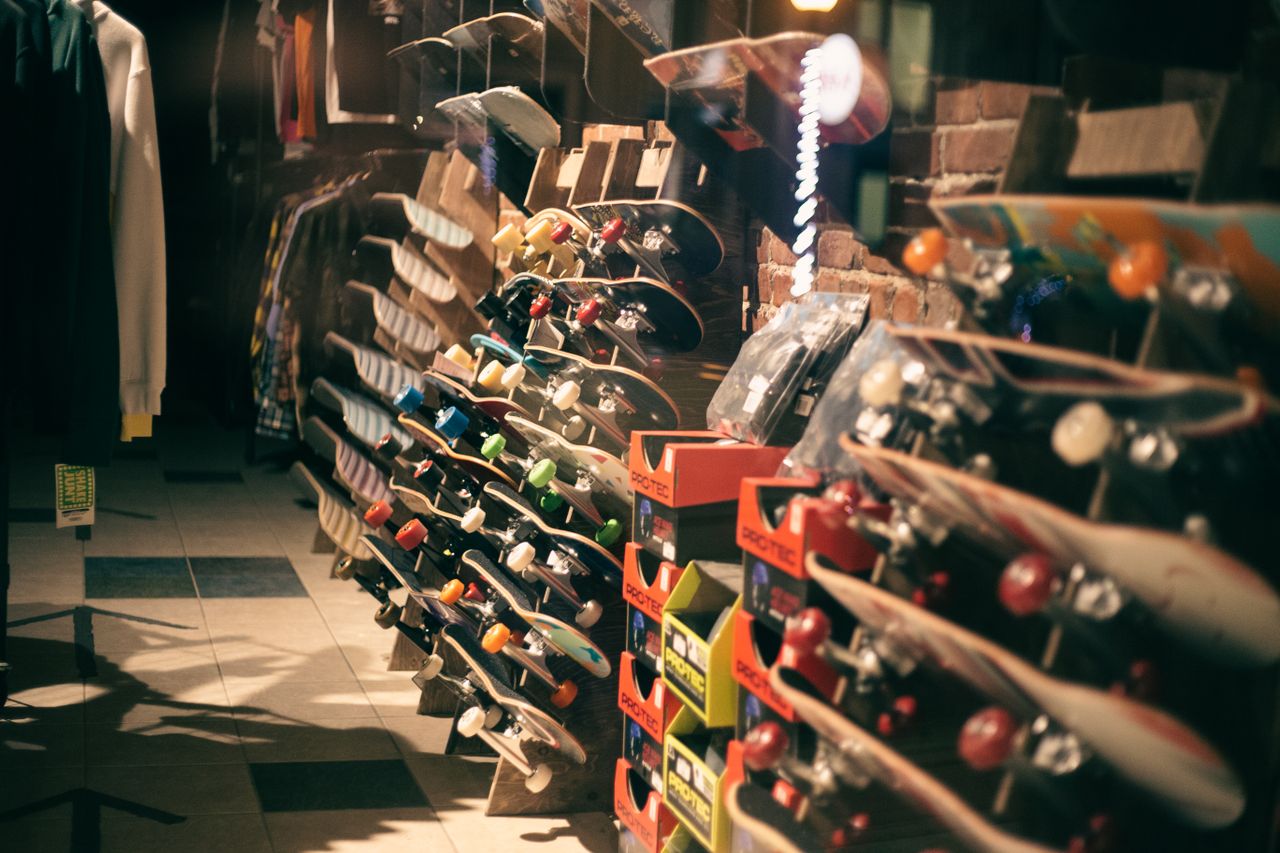 Store with sports apparel, skateboards and other items.