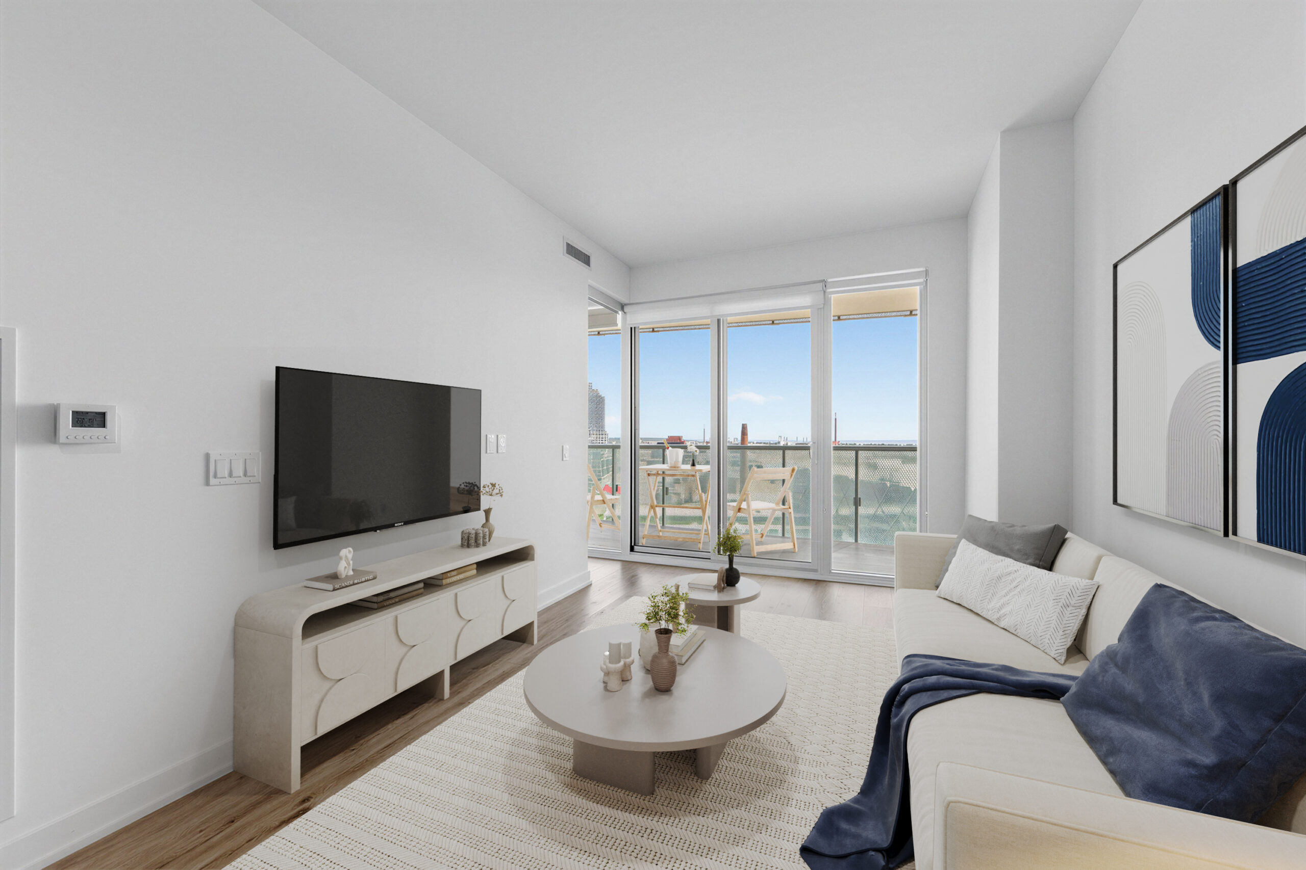 15 Queens Quay E Unit 1901 living room with 3D-rendered furniture and TV, and view of Lake Ontario through balcony.