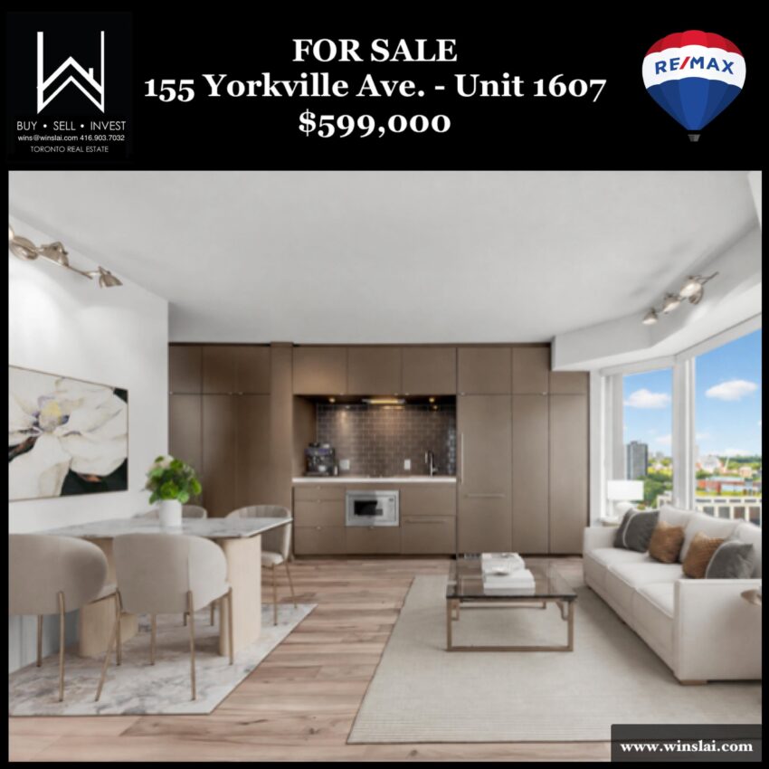 For Sale Flyer for 155 Yorkville Ave Unit 1607 showing price and image of living room, dining room and kitchen.