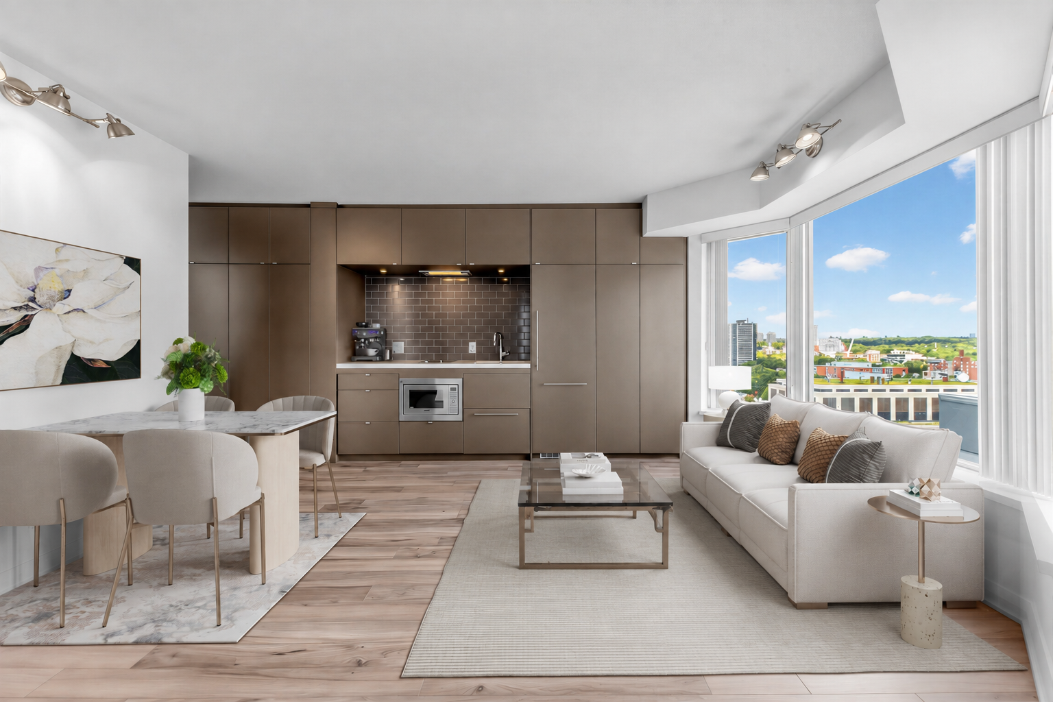 155 Yorkville Ave Unit 1607's staged living and dining areas with furniture and large windows.